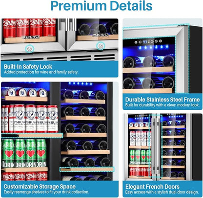 30 Inch Wine and Beverage Refrigerator Dual Zone Wine Fridge Beverage Cooler with Glass Door, Large Capacity Holds 110 Cans and 30 Bottles Built In or Freestanding for Home Bar, Kitchen