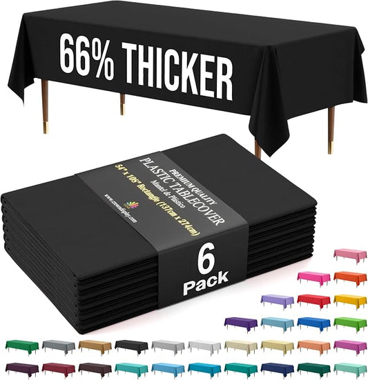 Exquisite Party Solids 66% Thicker Premium Plastic Table Cloth Rectangle Table Cover 0.5 Mil 6 Pack Black Table Cloth 54 Inch x 108 Inch Disposable Tablecloth Won't Tear Easily Like Cheap Thin Brands