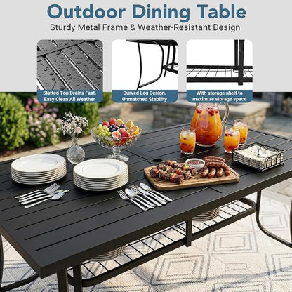 9 Piece Outdoor Patio Dining Sets, 77" Rectangular Metal Dining Table with Umbrella Hole & 8 Stackable Metal Chairs, Weather Resistant Garden Furniture Set for Backyard, Deck, Porch