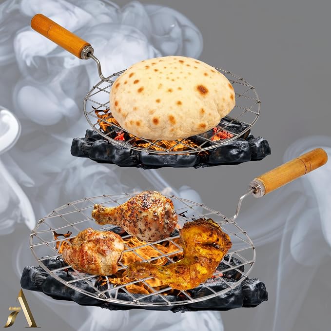 AnNafi® Wire Rack for Cooking Roti, Chapati & Bread | Stainless Steel Cooking Wire Rack for Gas Stove Roasting | BBQ & Barbecue Grilling Rack Mesh with Wooden Handle | Phulka & Papad Roaster