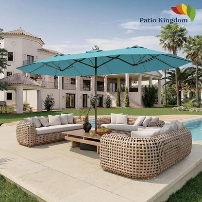 15FT Double Sided Patio Umbrella with Base Included Large Outdoor Market Umbrella with Crank Handle, UV Resistant Canopy, Sturdy Frame for Garden, Poolside, Deck, Sky Blue