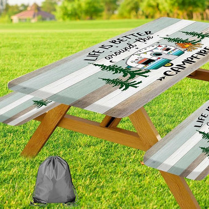 JAWO Picnic Table Cover with Benches, Waterproof Camping Camper Campfire Rustic Wood Fitted Tablecloth for Outdoor Foldable Picnic Table Includes Drawstring Storage Bag 30X96inch