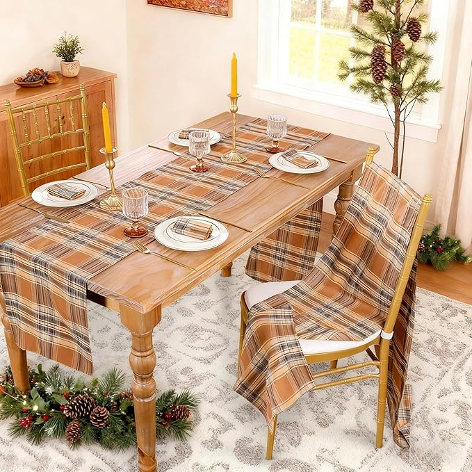 B-COOL Checkered Table Runners Plaid Fabric - 2PCS Rectangle 13x108 Inch Fall Themed Halloween Christmas Table Cloth for Indoor Outdoor Use Autumn Table Cover for Kitchen Home BBQs Parties