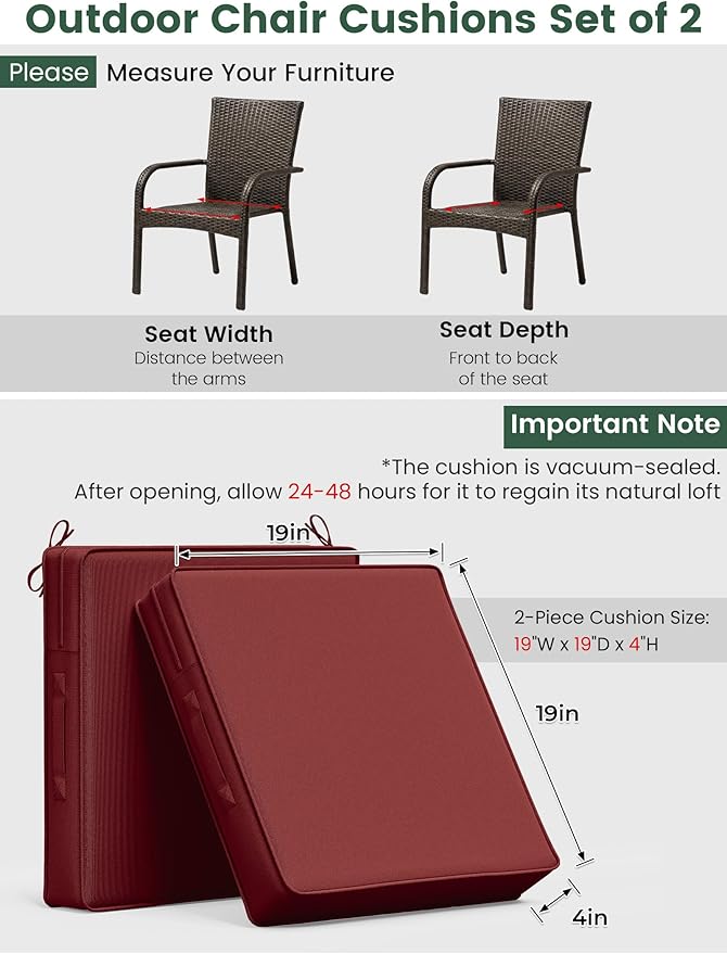 Outdoor Chair Cushion 19 x 19 x 4 Inches Patio Furniture Outdoor Waterproof Seat Cushion, Patio Chair Cushion with Handles and Ties, Square Dining Chair Cushion Set of 2, Burgundy