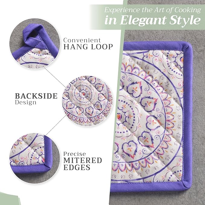 Maison d' Hermine Pot Holders 100% Cotton Heat Resistant Potholders 8" x 8" Hot Pads with Loop BBQ Cooking Baking Hotel Farmhouse Kitchen Handling Hot Pans Spring Summer (Pack of 1, Mandala)