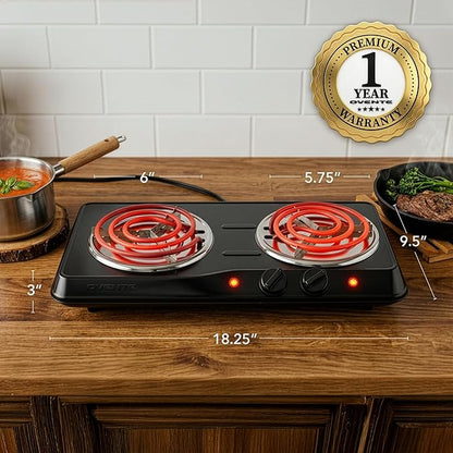 OVENTE Electric Countertop Double Burner, 1700W Cooktop with 6" and 5.75" Stainless Steel Coil Hot Plates, 5 Level Temperature Control, Indicator Lights and Easy to Clean Cooking Stove, Black BGC102B