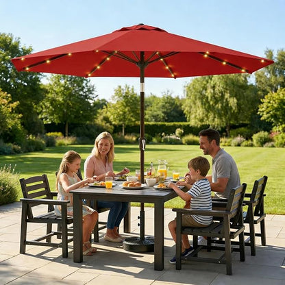 11FT Solar Lighted Patio Umbrella, Outdoor Table Market Umbrellas with Crank Lift, 32 LED Lights, 8 Sturdy Ribs, UV-Resistant for Deck, Garden, Pool