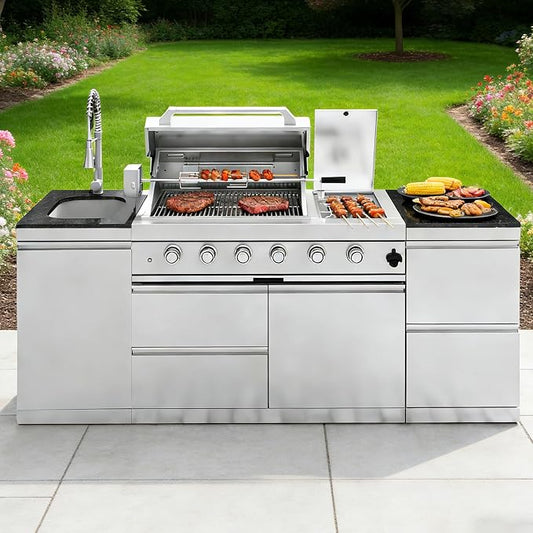 85" Modular Outdoor Kitchen Island with Grill and Side Burner, 4-Burner 72,000 BTU Propane BBQ Island, Sink & Two-Drawer Prep Station, for Backyard and Patio Cooking, Silver