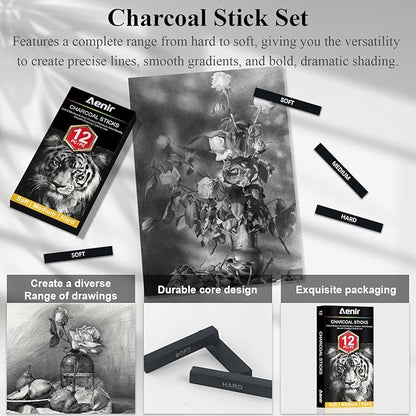 Aenir Compressed Charcoal Sticks Set of 12 – Soft, Medium, Hard Charcoal for Drawing, Sketching & Shading – Art Supplies for Artists, Beginners & Adults