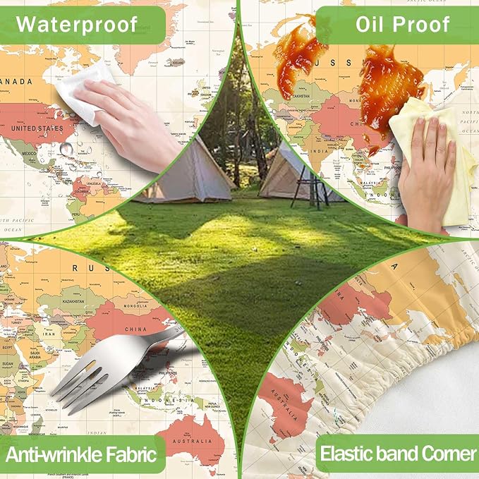 JAWO World Map Picnic Table Cover with Bench Covers, Camper RV Essentials Gear Supplies Outdoor Waterproof Windproof Tablecloth with Elastic, 30X96in