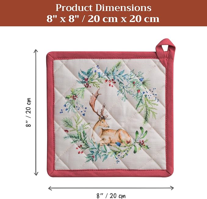 Maison d' Hermine Pot Holders 100% Cotton Potholders (8" x 8", Pack of 1) | Heat Resistant Hot Pads with Loop BBQ Cooking Baking Hotel Kitchen Handling Hot Pans Thanksgiving Christmas - Holly Time