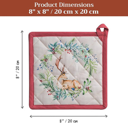 Maison d' Hermine Pot Holders 100% Cotton Potholders (8" x 8", Pack of 1) | Heat Resistant Hot Pads with Loop BBQ Cooking Baking Hotel Kitchen Handling Hot Pans Thanksgiving Christmas - Holly Time