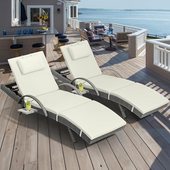 YITAHOME Wicker Chaise Lounge Outdoor, Rattan Pool Lounge Chair Reclining Chaise Lounge Set of 4 w/Pull-Out Desktop, 5-Position Backrest, Headrest & Cushion, Armrests for Poolside, Beach(Beige)