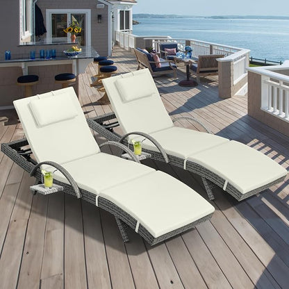 YITAHOME Wicker Chaise Lounge Outdoor, Rattan Pool Lounge Chair Reclining Chaise Lounge Set of 4 w/Pull-Out Desktop, 5-Position Backrest, Headrest & Cushion, Armrests for Poolside, Beach(Beige)