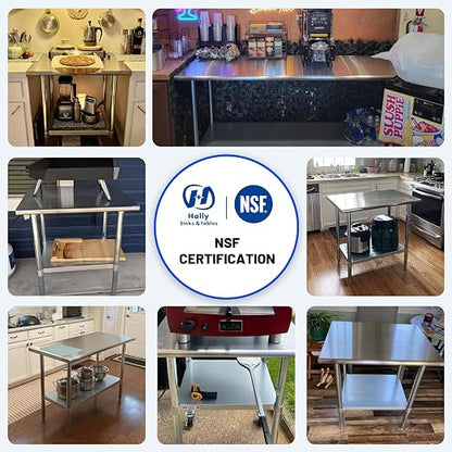 Hally Stainless Steel Table for Prep & Work 14 x 36 Inches NSF Commercial | Metal Heavy Duty Workbench, Adjustment Undershelf, for Kitchen, Restaurant, Home, Hotel, Garage, Pizza Oven, Galvanized Legs