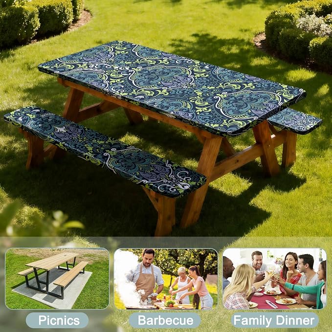 Picnic Table Cover with Bench Covers Windproof Waterproof Picnic Table Covers Camping Tablecloth with Self-Storage Bag, 72in, Boho Blue