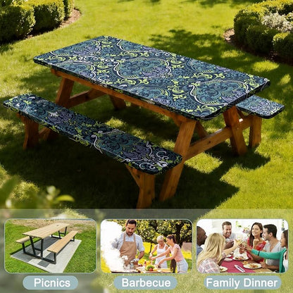 Picnic Table Cover with Bench Covers Windproof Waterproof Picnic Table Covers Camping Tablecloth with Self-Storage Bag, 72in, Boho Blue