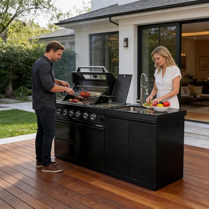 79" Modular Outdoor Kitchen Island with Grill and Side Burner, 4-Burner 72,000 BTU Propane BBQ Island, Integrated Sink & Prep Countertop, Rotisserie, for Backyard and Patio Cooking, Black