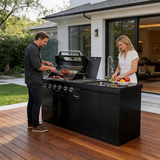 79" Natural Gas Modular Outdoor Kitchen Island with Side Burner, 4-Burner 72,000 BTU BBQ Island, Integrated Sink & Prep Countertop, Rotisserie, for Backyard and Patio Cooking, Black