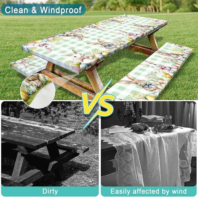 Easter Picnic Table Cover with Bench Covers, Camping Essentials, Easter Buffalo Plaid Rabbit Eggs Flower Outdoor Table Covers, Waterproof, Fitted Tablecloth Cover with Elastic Edge, 3 PCS, 30x72 Inch