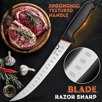 Golden Bird Professional Breaking Knife - 10 Inch Multifunction Butcher Breaking Knife for Meat Cutting, Razor Sharp Scimitar Knives, Granton Edge Carving Knives, Gifts for Men Women