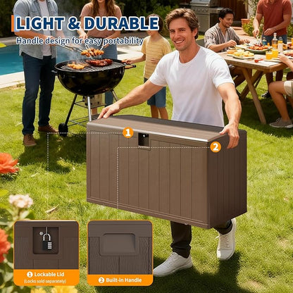 Garvee 130 gal Deck Box, Lockable Outdoor Storage Box with Lid, All-Weather Outdoor Storage Bin with Side Handles for Patio Furniture, Pool Accessories, Gardening Tool, Brown