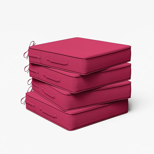 Outdoor Chair Cushion 19 x 19 x 4 Inches Patio Furniture Outdoor Waterproof Seat Cushion, Patio Chair Cushion with Handles and Ties, Square Dining Chair Cushion Set of 4, Pink