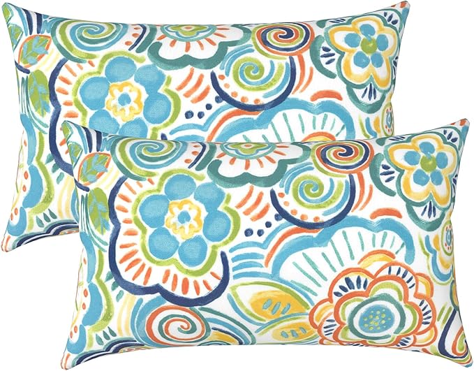 LVTXIII Outdoor Lumbar Pillow Covers Set of 2 Patio Decorative Pillow Cases, Water Repellent Lumbar Cushion Cases for Sofa, Patio Couch Garden Use, 12x20 Inch, Flower Blue