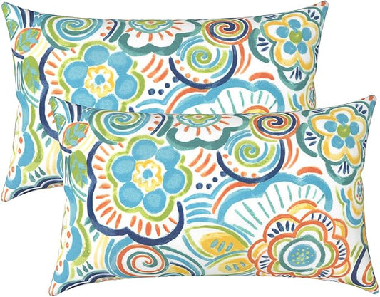 LVTXIII Outdoor Lumbar Pillow Covers Set of 2 Patio Decorative Pillow Cases, Water Repellent Lumbar Cushion Cases for Sofa, Patio Couch Garden Use, 12x20 Inch, Flower Blue