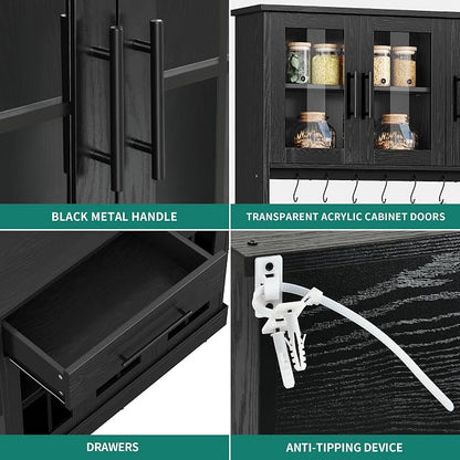 YITAHOME 71'' Kitchen Pantry Storage Cabinet with Microwave Stand, Tall Freestanding Hutch Cabinet with Power Outlet, Pantry Cabinets with Buffet Cupboard, Drawers and Acrylic Doors for Home, Black | Tall Freestanding Hutch Cabinet with Power Outlet, P...