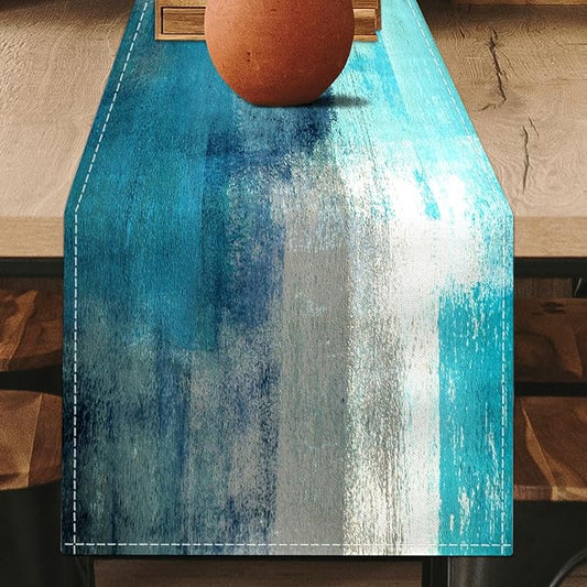Teal Grey Table Runners Modern Art Farmhouse Linen Turquoise Table Runners Dresser Scarves Retro Rustic Style for Party Kitchen Dining Table Coffee Holiday Party Decor (Teal Grey, 13"x 71")