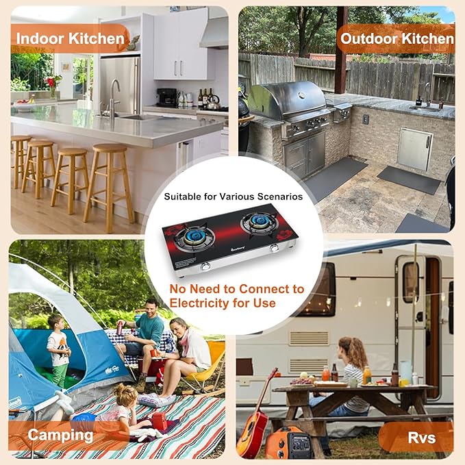 2 Burner Propane Gas Stove with Auto Ignition, 29000 BTU High-Efficiency Heavy-Duty Tempered Glass Cooktop, CSA Regulator & Hose Included, for Outdoor Camping Emergency