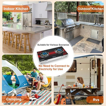 2 Burner Propane Gas Stove with Auto Ignition, 29000 BTU High-Efficiency Heavy-Duty Tempered Glass Cooktop, CSA Regulator & Hose Included, for Outdoor Camping Emergency