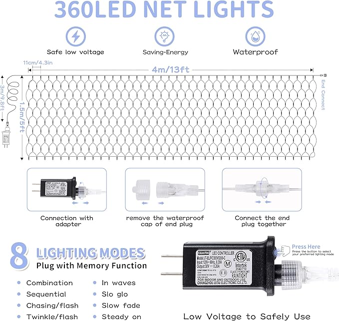 HEYFUNi Net Mesh Waterproof String Lights,360LED 13ft x 5ft Christmas Net Lights, 8 Modes,Connectable for Indoor Outdoor, Curtain,Garden,Christmas Tree, Bush, Party, Holiday, Wall Decor (White)