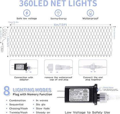 HEYFUNi Net Mesh Waterproof String Lights,360LED 13ft x 5ft Christmas Net Lights, 8 Modes,Connectable for Indoor Outdoor, Curtain,Garden,Christmas Tree, Bush, Party, Holiday, Wall Decor (White)