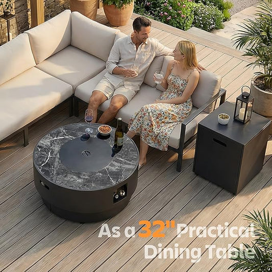 32" Outdoor Propane Fire Pit Table, 50,000 BTU Gas Fire Table with Tank Cover, Marble-Look Ceramic Top, Steel Lid, & Rain Cover, Round Patio Firepit for Backyard, Garden, Party