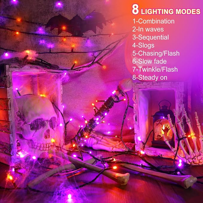 kemooie 500 LED Halloween Lights Outdoor, 164 FT Fairy Lights with 8 Modes | Purple&Orange, Timer&Memory Function, Plug in Powered, IP44 Waterproof, Indoor Outdoor Use, Home/Party/Garden/Halloween Decor