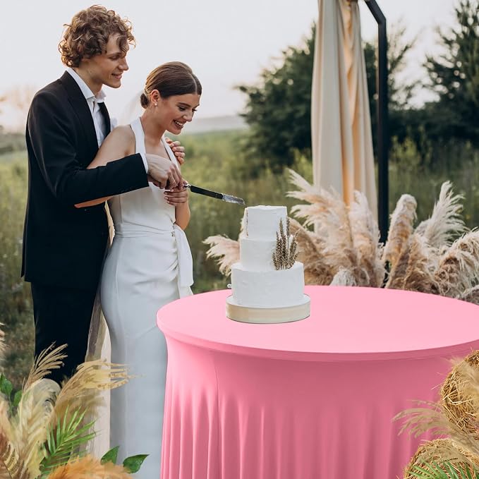 Fitted Pink Spandex Table Skirts for Wedding Party,60 Inch Round,6 Pack | Spandex Table Covers, For 5 Ft Wedding Cake Tables, Wrinkle Resistant, Ruffle Design Banquets, Baby Showers, Parties