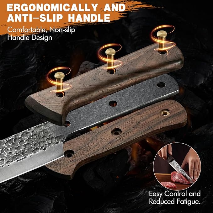 MDHAND Butcher Knife Set, Ultra Sharp Hand Forged Meat Cleaver & Brisket Knives & Boning Knife Set With Leather Sheath, High Carbon Steel Kitchen Knife Set for Outdoor & BBQ, Gifts for Men Women