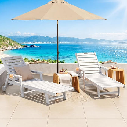 Garvee Lounge Chair Outdoor Set of 2 with Wheels & 5-Position Adjustable Backrest, Oversized Chaise Lounge with 2 Move Handle, HDPE Lounge Chair w/Detachable Cup Holder, for Patio, Pool,White
