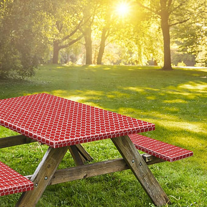 KENOBE 8ft 96in Picnic Table and Bench Cover, 3 Pack, Red-White Moroccan | Waterproof, Windproof, Elastic Fitted Edges Tablecloth, for Rectangle Table & Seat, Camping Essentials RV Gear