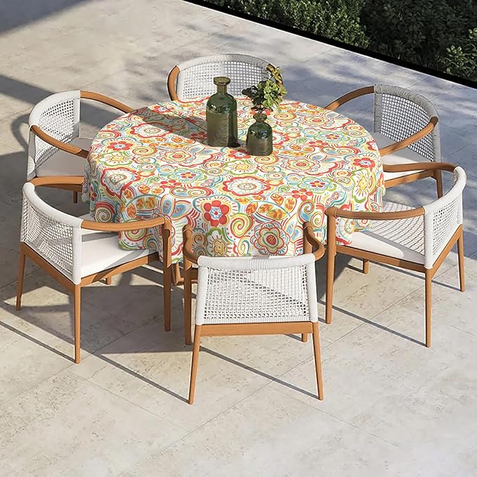 Outdoor/Indoor Round Tablecloth with Umbrella Hole Zipper, Decorative Circular Table Cover for Home Garden, 60 Inch, Flower Multi
