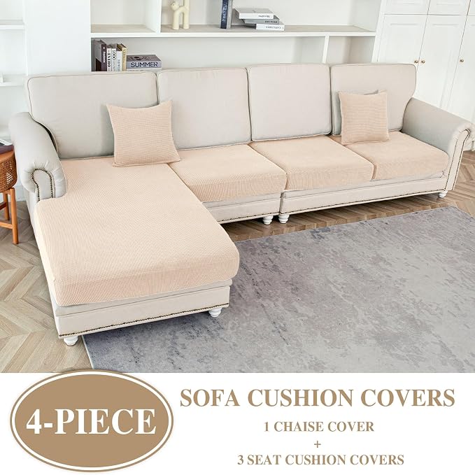 LA MEACK Couch Cushion Covers for Sectional Sofa L Shape Washable Separate Seat Chaise Couch Cover Stretch Sofa Slipcovers with 2 Pcs Pillowcases(3 Seater + 1 Chaise, Natural)