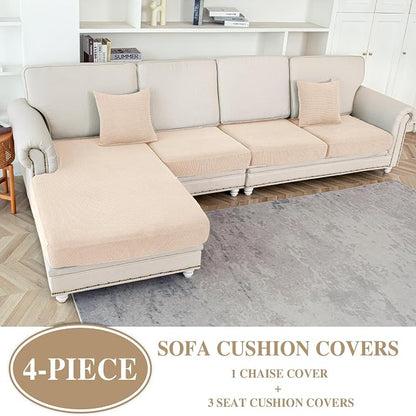 LA MEACK Couch Cushion Covers for Sectional Sofa L Shape Washable Separate Seat Chaise Couch Cover Stretch Sofa Slipcovers with 2 Pcs Pillowcases(3 Seater + 1 Chaise, Natural)