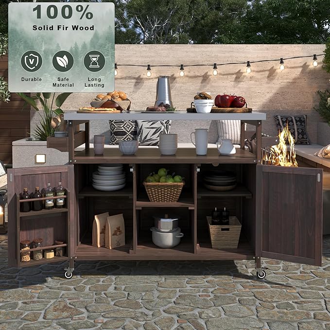 Outdoor Kitchen Island with Stainless Steel Top, Rolling Grill Cart with Storage Cabinet, Farmhouse Solid Wood Prep Station with Spice & Towel Rack for Patio BBQ.Suitable for backyards, etc.