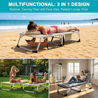 ABORON 3-in-1 Sun Tanning Chair – Oversized Folding Chaise Lounge with Mat, Pillow & Face Hole, 5-Position Adjustable for Beach, Pool, Lawn, or Patio Use
