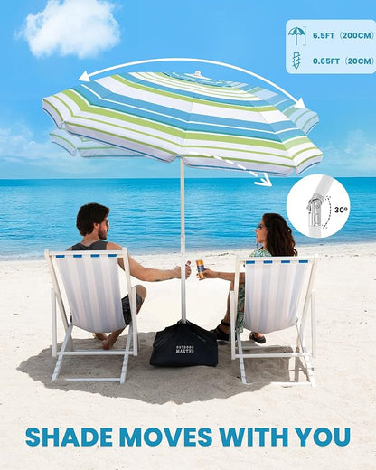 OutdoorMaster 7.2ft Beach Umbrellas for Sand with Sandbag & Anchor | 7.2ft Adjustable Umbrella for Beach, Wind Resistant, Portable UPF50+ Sunshade with Carry Bag for Patio