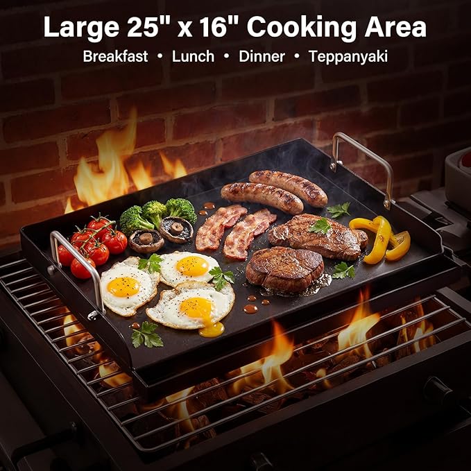 25" x 16" Nano-Ceramic Nonstick Cast Iron Griddle - 23lb Heavy Duty - Universal Flat Top with Grease Groove, Reinforced Ridges & High Sidewalls, for Gas/Charcoal Most Grill Brands