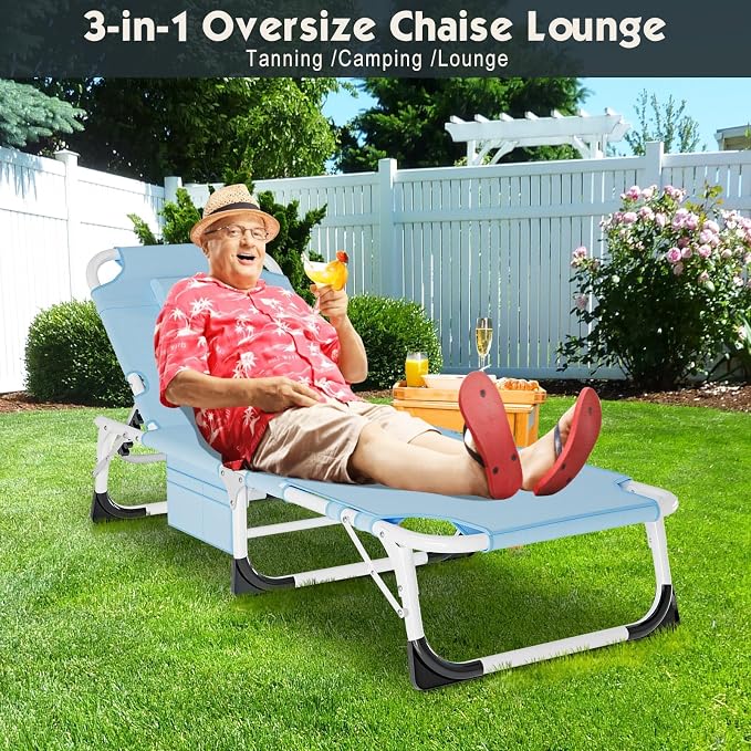 MOPHOTO Oversized Beach Lounge Chair, 5-Position Adjustable Tanning Chair with Face Hole, Heavy Duty Folding Chaise Lounge for Beach, Pool, Patio & Sunbathing