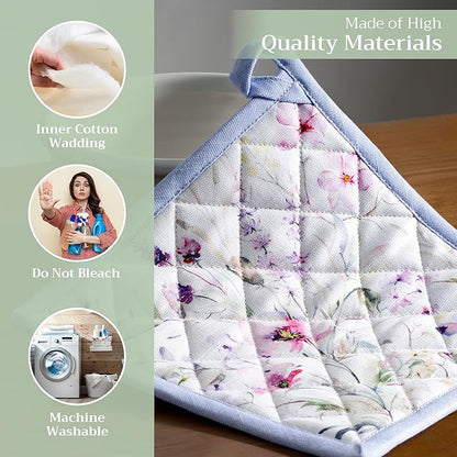 Maison d' Hermine Pot Holders 100% Cotton Heat Resistant Potholders 8" x 8" Hot Pads with Loop BBQ Cooking Baking Hotel Farmhouse Kitchen Handling Hot Pans Spring Summer (Pack of 2, Summer Floral)